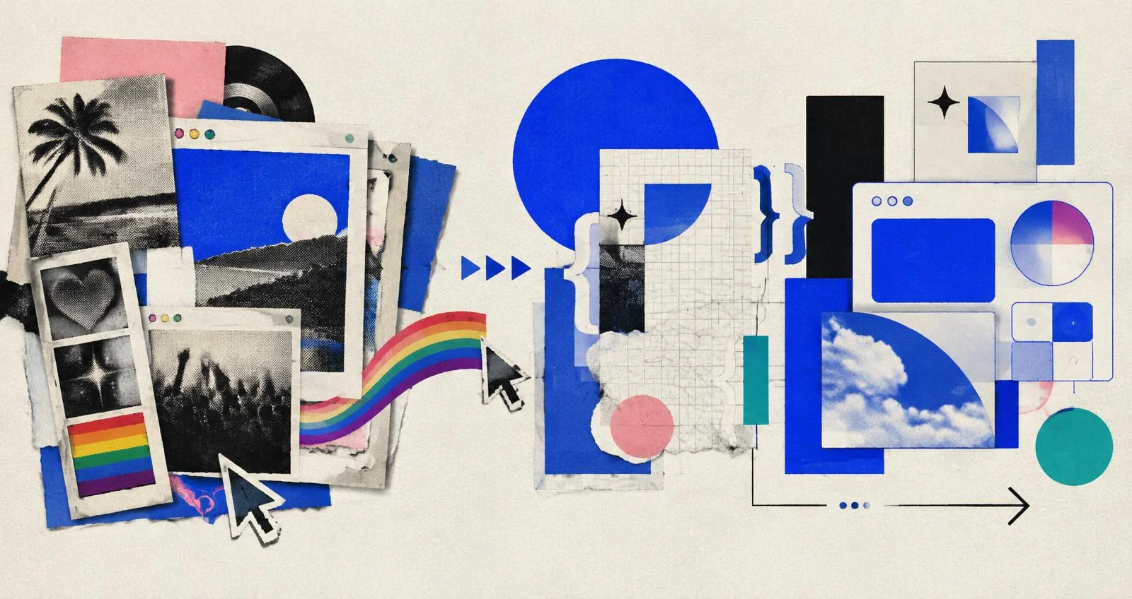 Editorial collage of early browser windows, zine pages, a rainbow ribbon, code brackets, and modern digital interface shapes, tracing a journey from community media to product building.